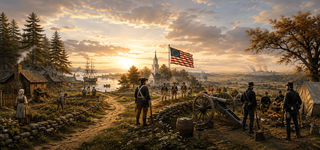 Panoramic historical scene depicting early America, with settlers working near a colonial settlement, soldiers gathered around a cannon, sailing ships in the distance, and an American flag flying over the landscape. 
