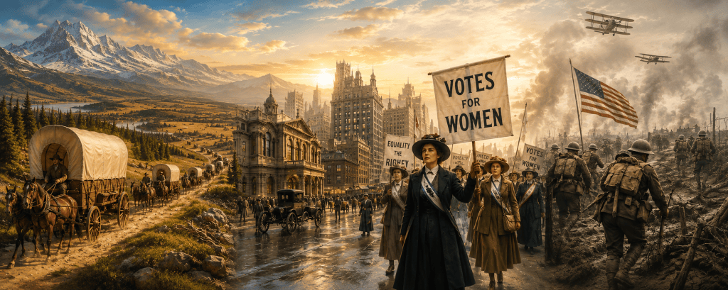 Panoramic historical scene showing westward settlers traveling by covered wagon through the mountains, a growing American city during the Gilded Age, women marching for voting rights, and soldiers entering the World War I battlefield. 