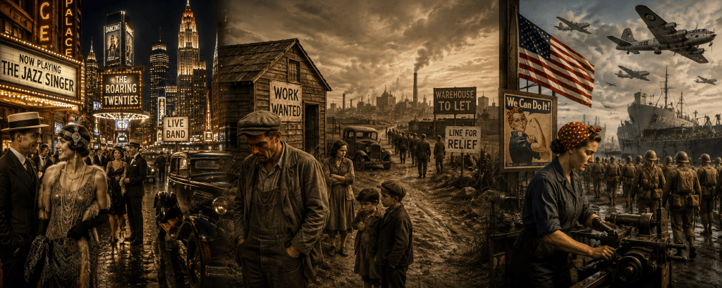 Panoramic historical scene showing the Roaring Twenties, the hardships of the Great Depression, and America's mobilization during World War II, with period clothing, city life, families facing hardship, factory workers, soldiers, and aircraft. 