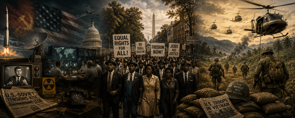 Panoramic historical scene depicting the Cold War, Civil Rights Movement, and Vietnam War, with Cold War military imagery, civil rights marchers, American landmarks, soldiers, helicopters, and anti-war protests.