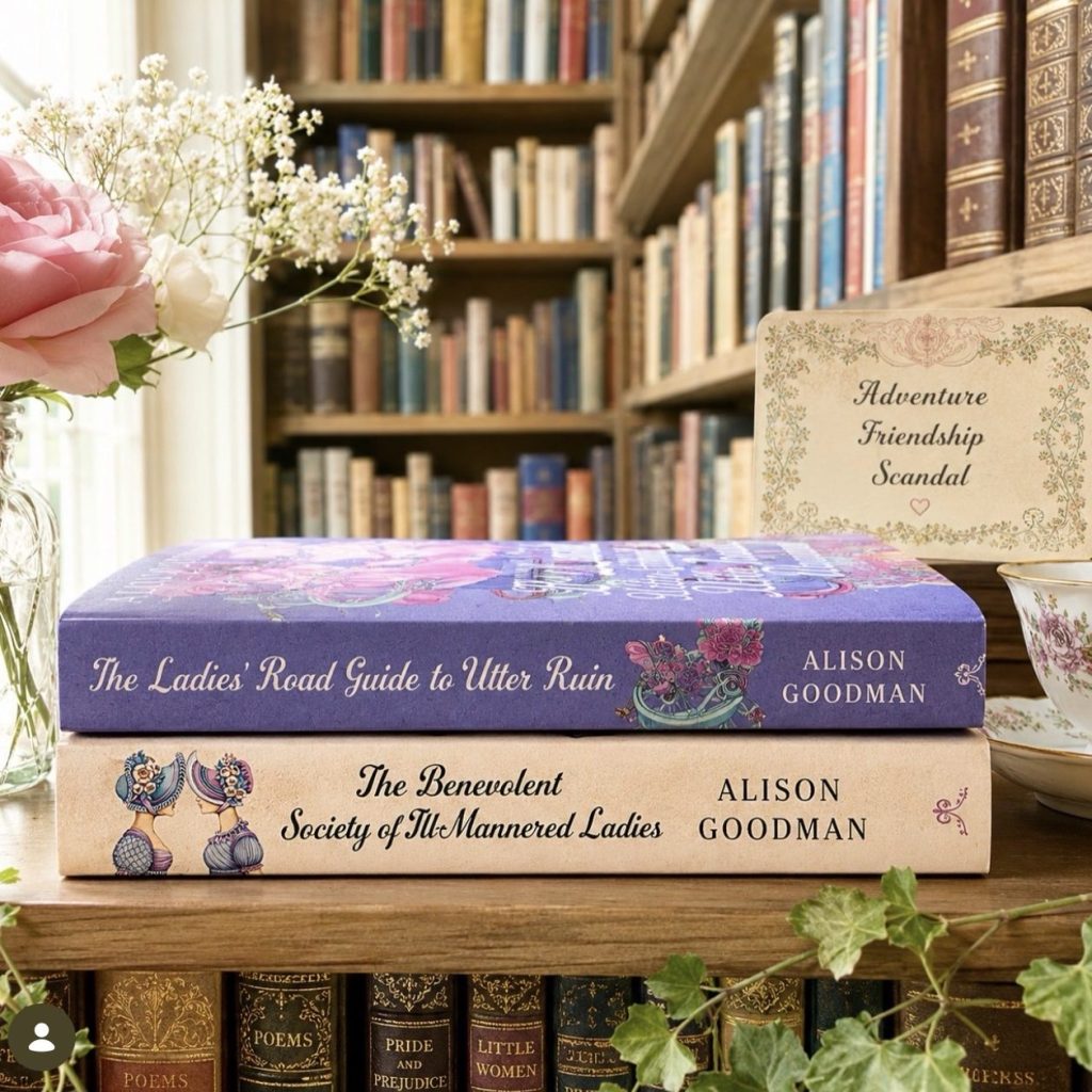 The Benevolent Society of Ill-Mannered Ladies series books arranged in a cozy reading display.