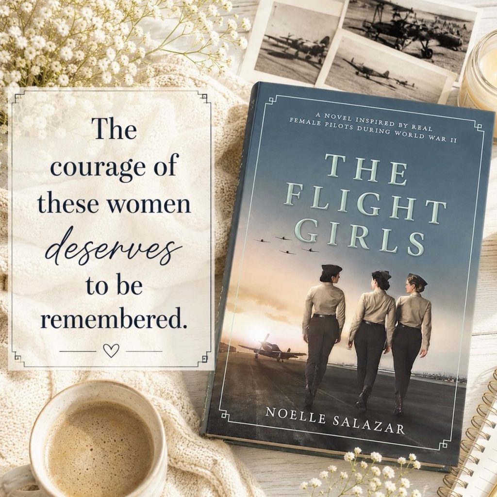 The Flight Girls by Noelle Salazar beside a cup of coffee and a quote honoring the courage of women.