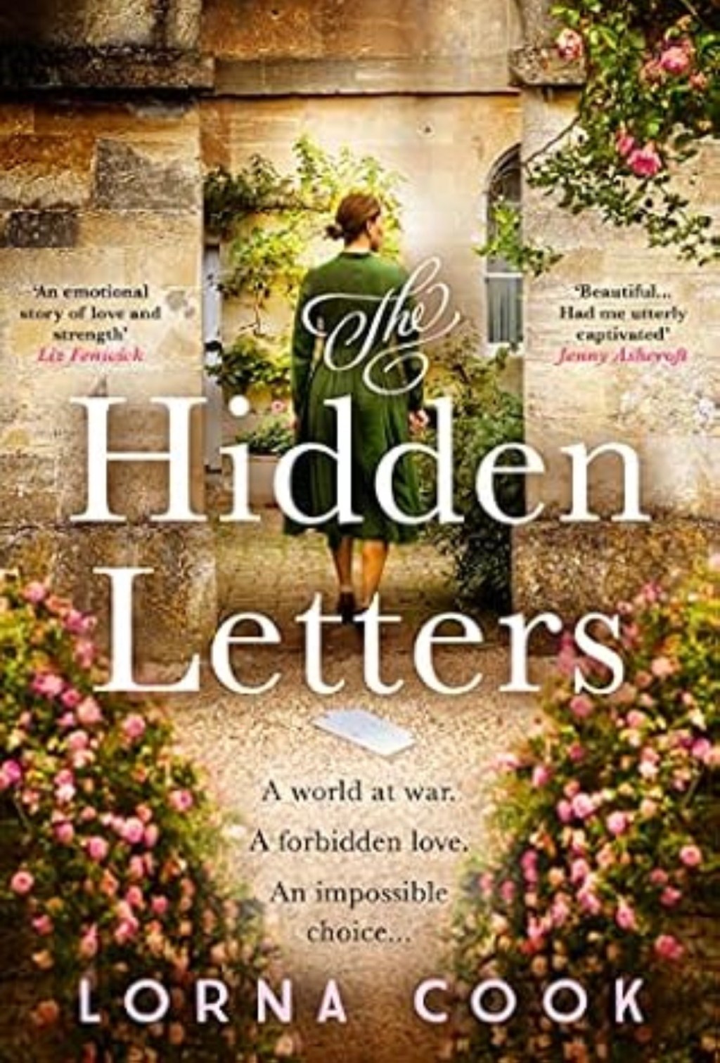 Book cover of The Hidden Letters by Catherine Hokin, featuring a woman in a historical setting with hand drawn letters and a muted vintage design.