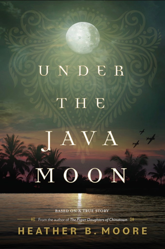 Book cover of Under the Java Moon by Heather B. Moore, featuring a green and blue tropical landscape beneath a moonlit sky. 