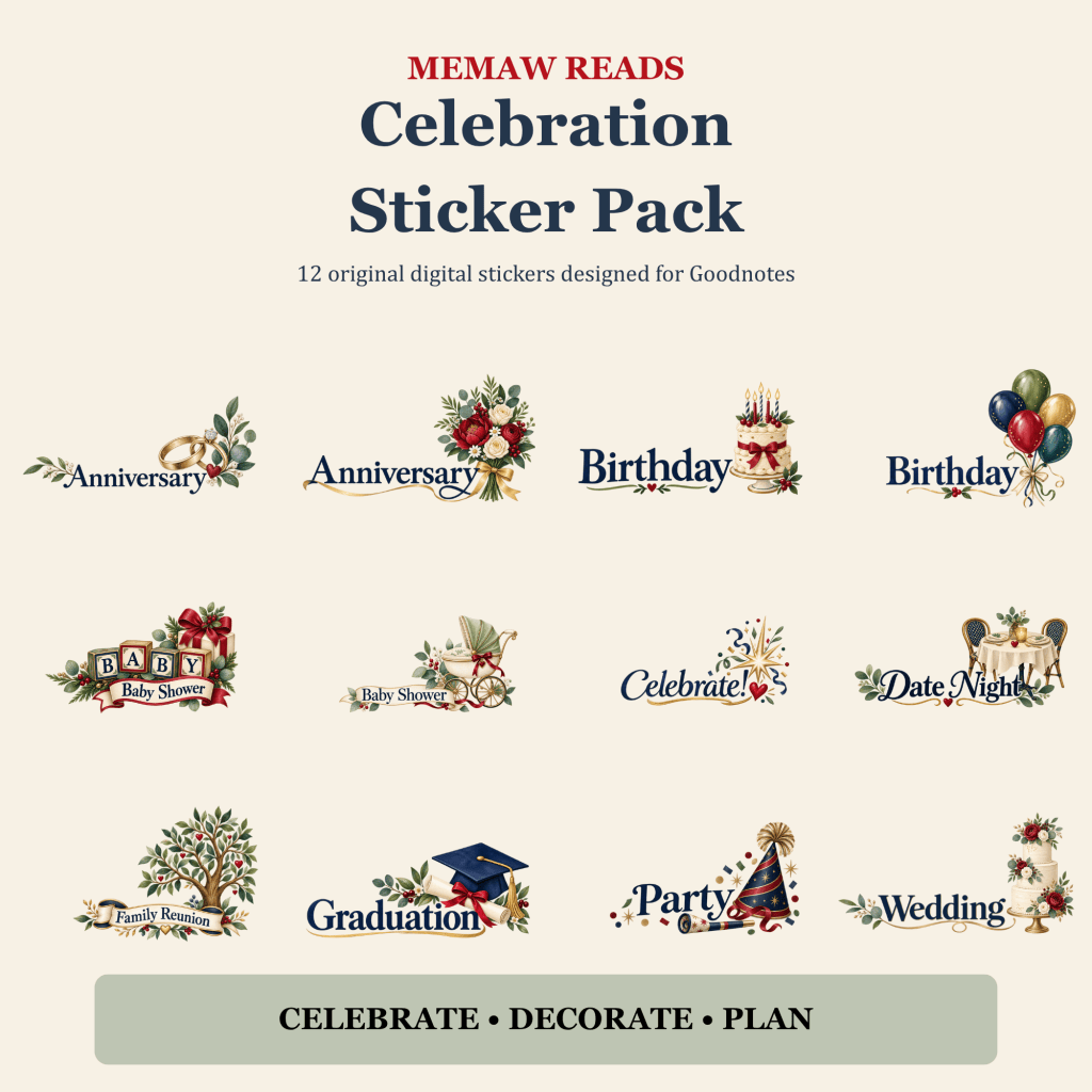 Preview of the Memaw Reads Celebration Digital Sticker Pack showing 12 anniversary, birthday, baby shower, graduation, party, wedding and other celebration stickers.