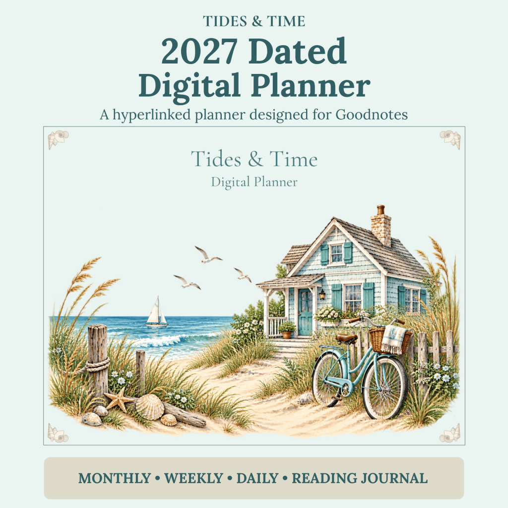 Tides & Time 2027 digital planner cover with coastal cottage, bicycle, beach grass, and ocean scene.