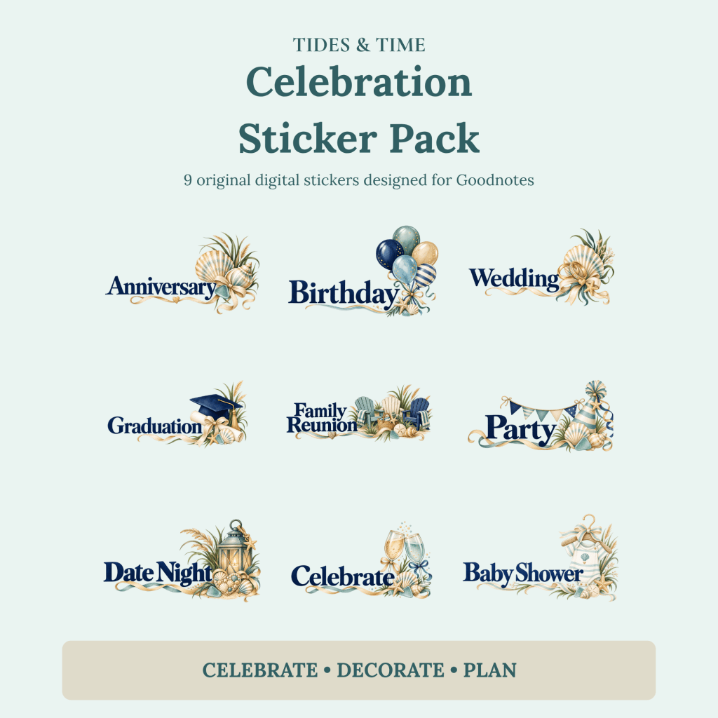 Tides & Time 2027 celebration sticker pack with nine coastal-themed digital stickers.