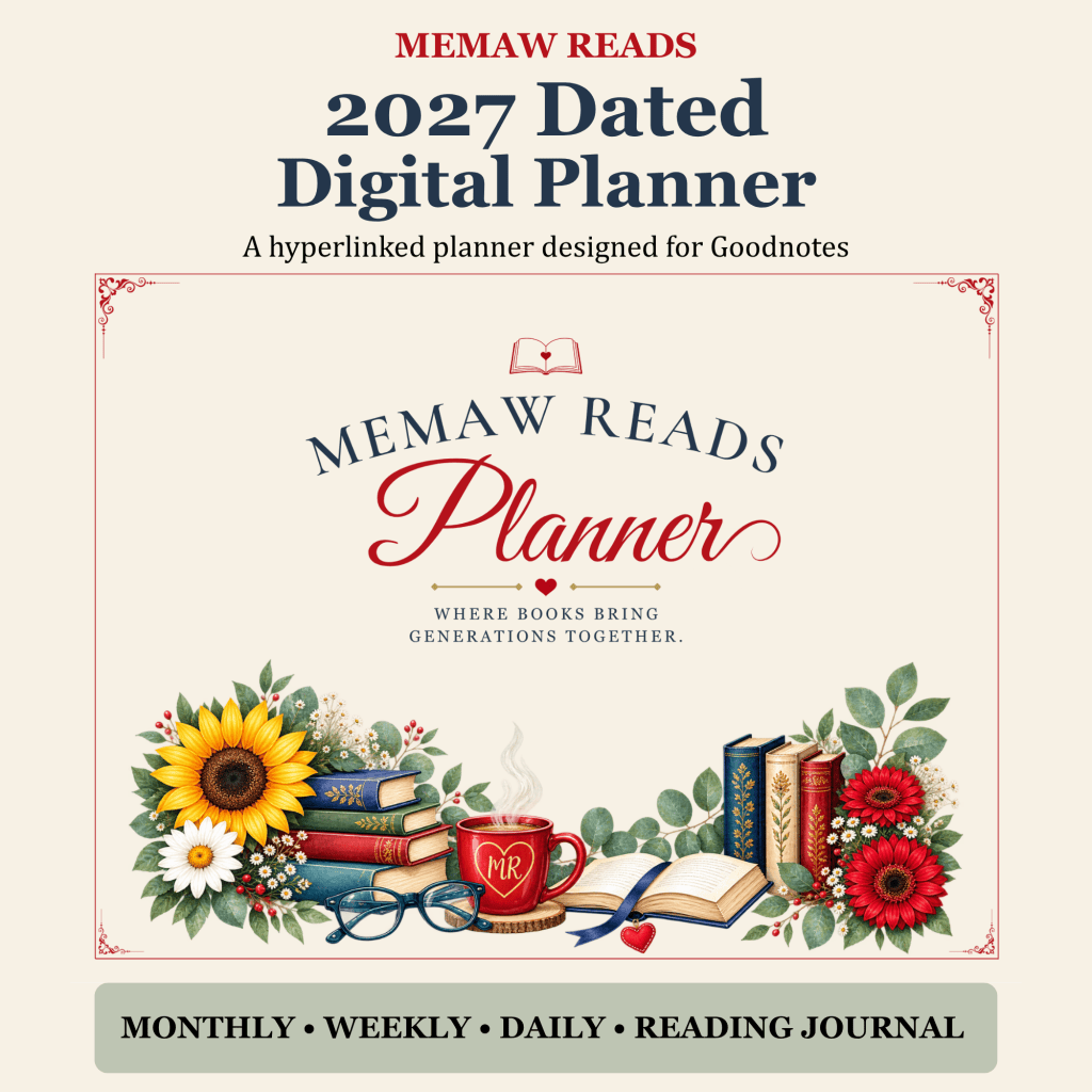 Preview of the Memaw Reads 2027 Dated Digital Planner for Goodnotes, featuring a book-and-floral cover with monthly, weekly, daily, and reading journal sections.