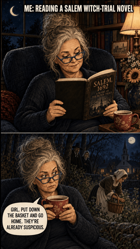 Two-panel cartoon of Memaw reading a Salem witch trials novel and warning a woman carrying a basket of herbs through the woods in Salem, 1692.